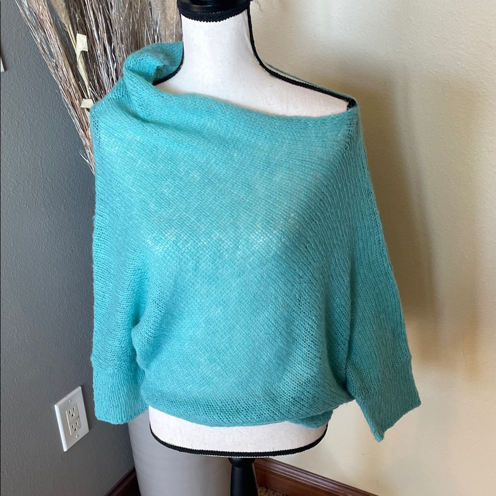 Wooden Ships Teal Off-Shoulder Shrug Sweater Teal Blue Mohair Size S M